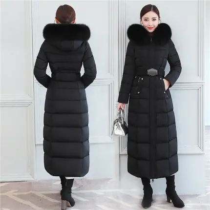 Black Zhupai Tcyeek, Модный Зимний пуховик для женщин, Воротник из лисьего меха, тонкий пуховик, Женская длинная парка, женская элегантная верхняя одежда с капюшоном Hiver 18179 - Цвет: Black Zhupai