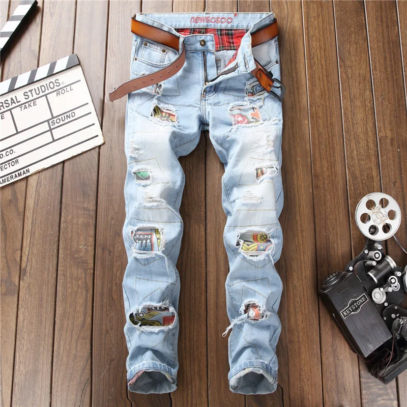 2020 AUTUMN Winter Men's Patchwork Ripped Embroidered Stretch Jeans Trendy Holes Straight Denim Trouers 2020 AUTUMN Winter Men's Patchwork Ripped Embroidered Stretch Jeans Trendy Holes Straight Denim Trouers