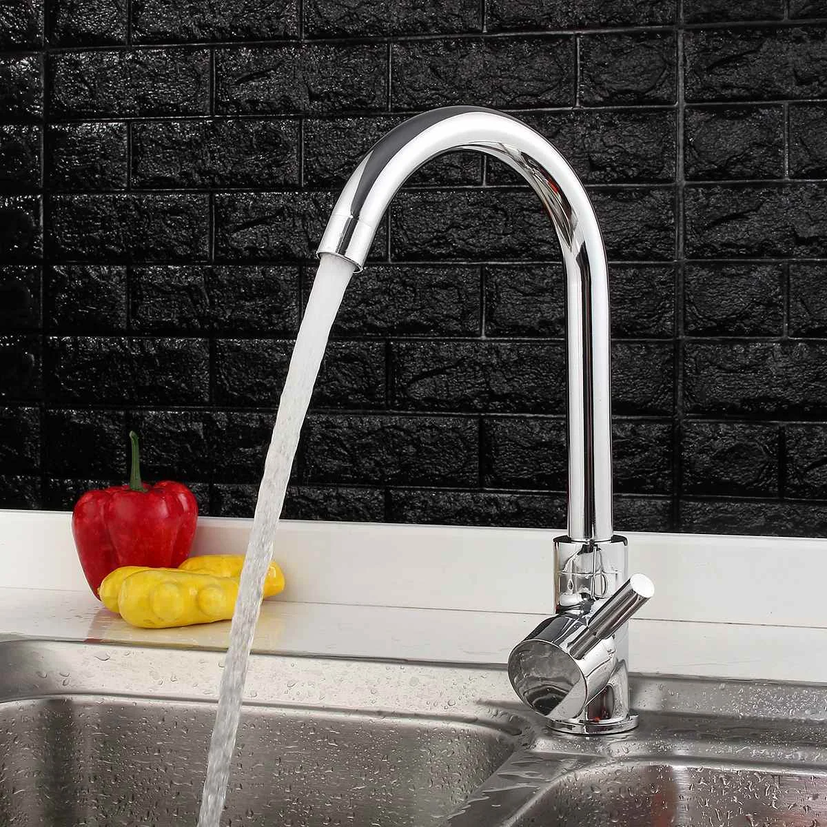 Chrome 360Rotatable Kitchen Sink Basin Water Faucet Curved Spout Mixer Tap Bathroom Hot And Cold Single Handle Tap Deck Mounted