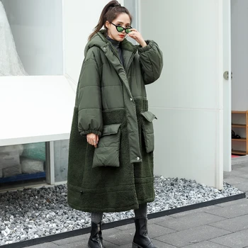 

Ladies padded coat stitching lamb wool hooded padded jacket coat cotton jacket women's mid-length winter