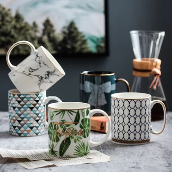 

Europe-style Retro Mug INS Creative Bone China Coffee Cup with Handgrip Breakfast Milk Cups Ceramic Gold Rim Delicate Drink Mugs