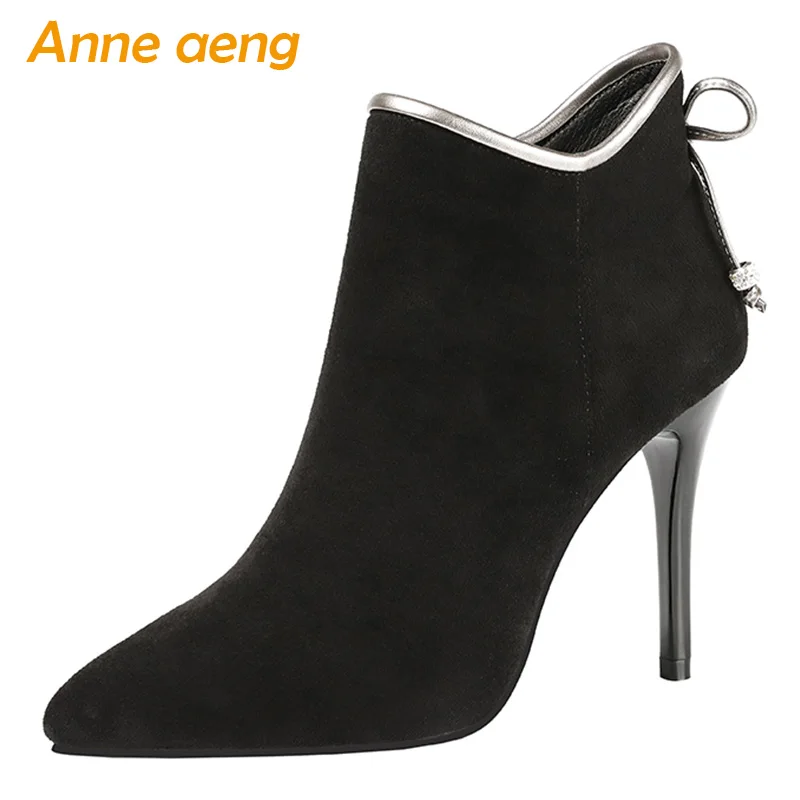 

2019 New Winter Women Ankle Boots High Thin Heel Pointed Toe Solid Zipper Butterfly-Knot Sweet Women Shoes Black Short Boots