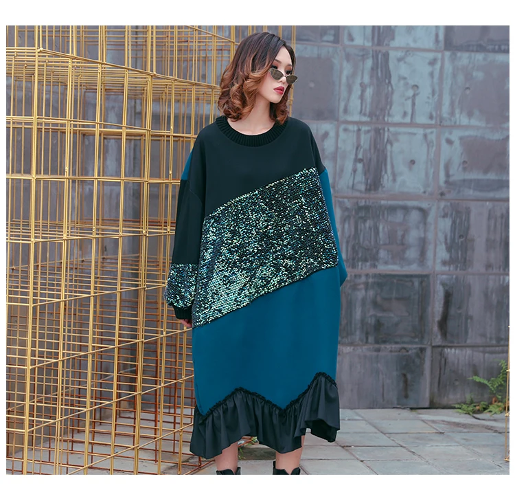 Johnature New Fashion Loose Patchwork Ruffles Dresses Winter High Street Thicken Warm Sequin Batwing Women Dress