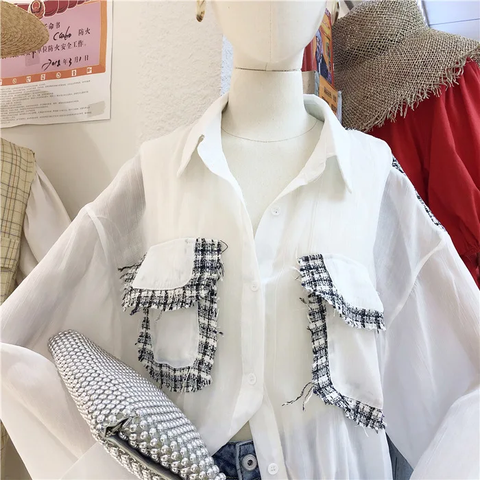 [EWQ] Осенняя Новинка, рубашка с отложным воротником, длинными рукавами и карманами, однотонная, свободная, модная рубашка, свободная белая блузка QK0900
