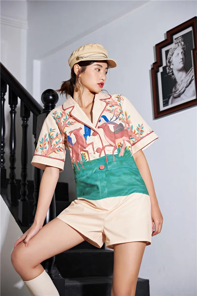 LANMREM turn-down collar half sleeveles boy friend styles short jumpsuit printed high waist buttons sexy clothing WM08609XL LANMREM turn-down collar half sleeveles boy friend styles short jumpsuit printed high waist buttons sexy clothing WM08609XL