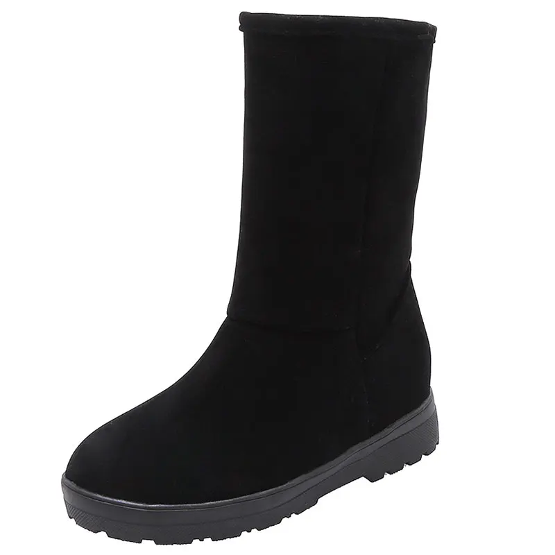 Lloprost ke Suede Round Toe Winter Boots Flat with Slip-On Snow Boots Velvet Mid-Calf Women Shoes Solid Sewing Black Brown Boots