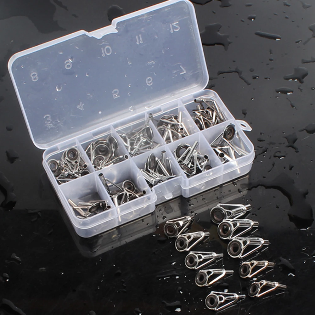 80 Pcs Fishing Rod Pole Guide Tip Top Ring Eye Repair Kit 10 Sizes Steel Rod Guide