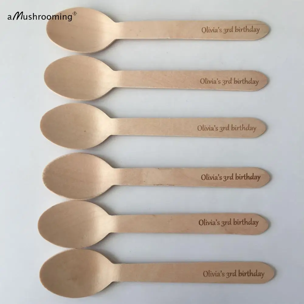 Disposable Spoons Wooden Tableware 3rd Birthday Spoons Personalized Party Text Font