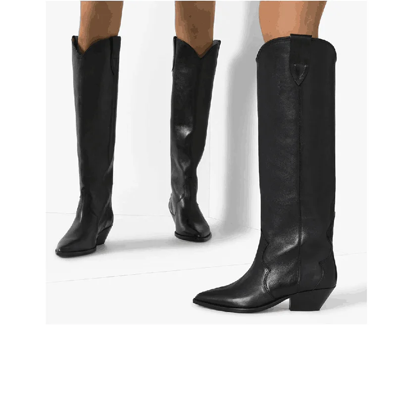 Сапоги до колена из натуральной кожи; женские зимние высокие сапоги с острым носком на каблуке «рюмочка»; рыцарские сапоги на плоской подошве; коллекция года; ботинки в западном стиле