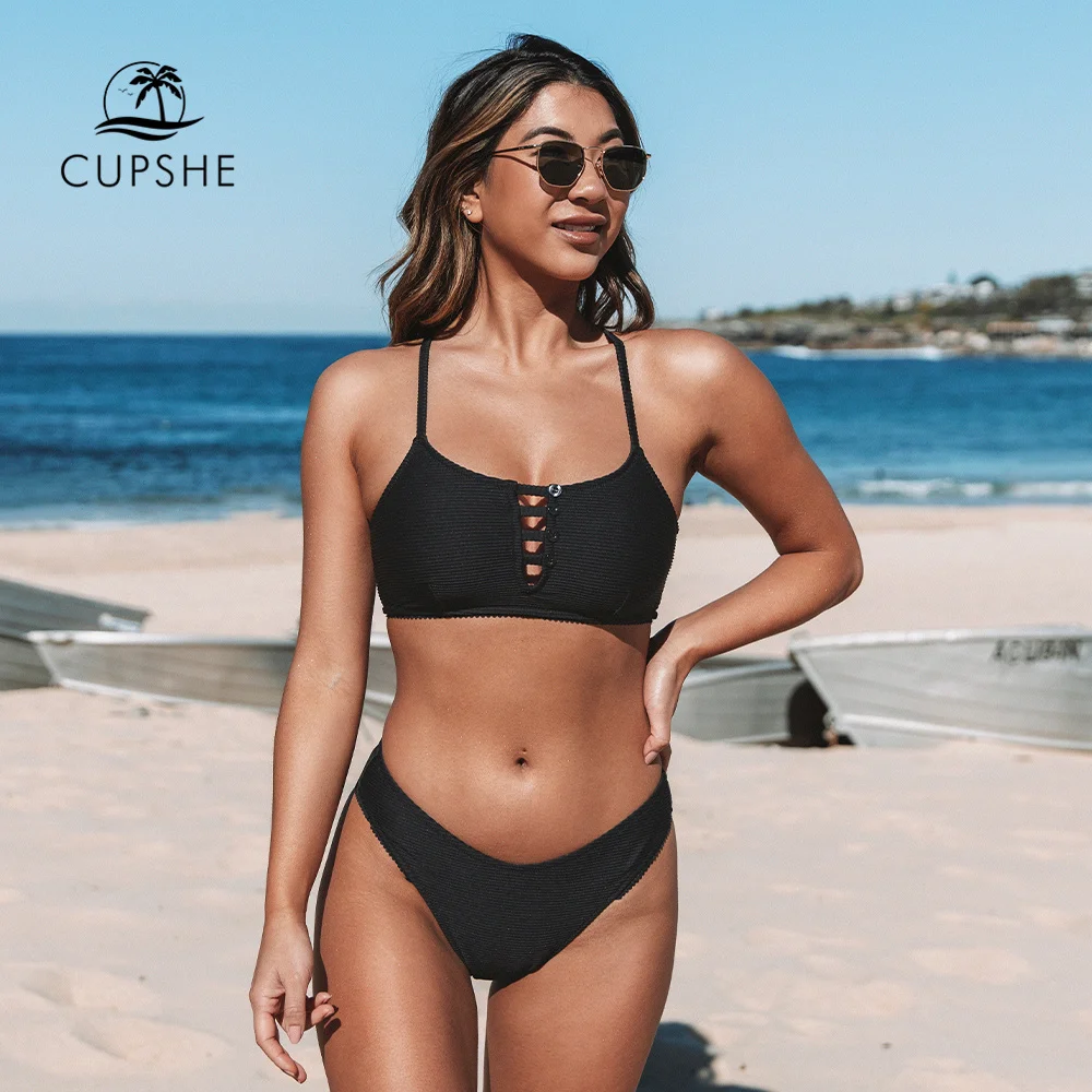 CUPSHE Black Cutout Low Waist Bikini Sets Swimsuit For Women Sexy Tank Two Pieces Swimwear Biquini 2022 New Beach Bathing Suit | Спорт и