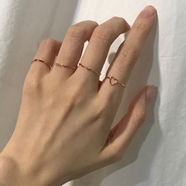 Gold Twist Pearl Pearl Rings Set Fashion Geometric Hollow Crystal Ring For Women Heart Joint Rings Boho Jewelr Accessories