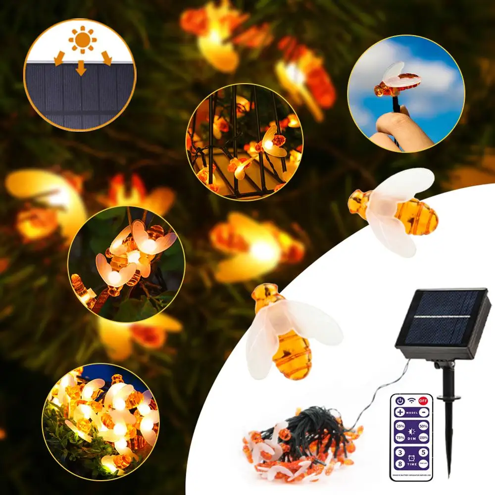 

50 Led Solar Power Cute Honey Bee String Light With Remote Control Outdoor Fairy String Light For Garden Lawn Christmas Decorati