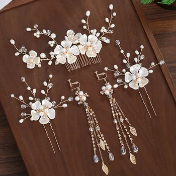

FORSEVEN Super Fairy Flower Leaf Crystal Pearls Hair Combs Hairpins Tassel Earrings for Women Girls Decor Jewelry Gifts
