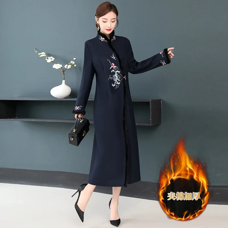 

2019 Autumn And Winter Chinese-style WOMEN'S Dress Retro Chinese Style Improved Embroidered Cheongsam Woolen Coat Dress Coat