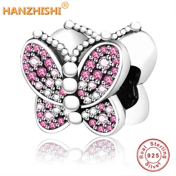 

925 Sterling Silver Bead Charm Three-dimensional Dazzling Pink Butterfly Bead Fit Original Fine Charm Bracelet Diy Jewelry