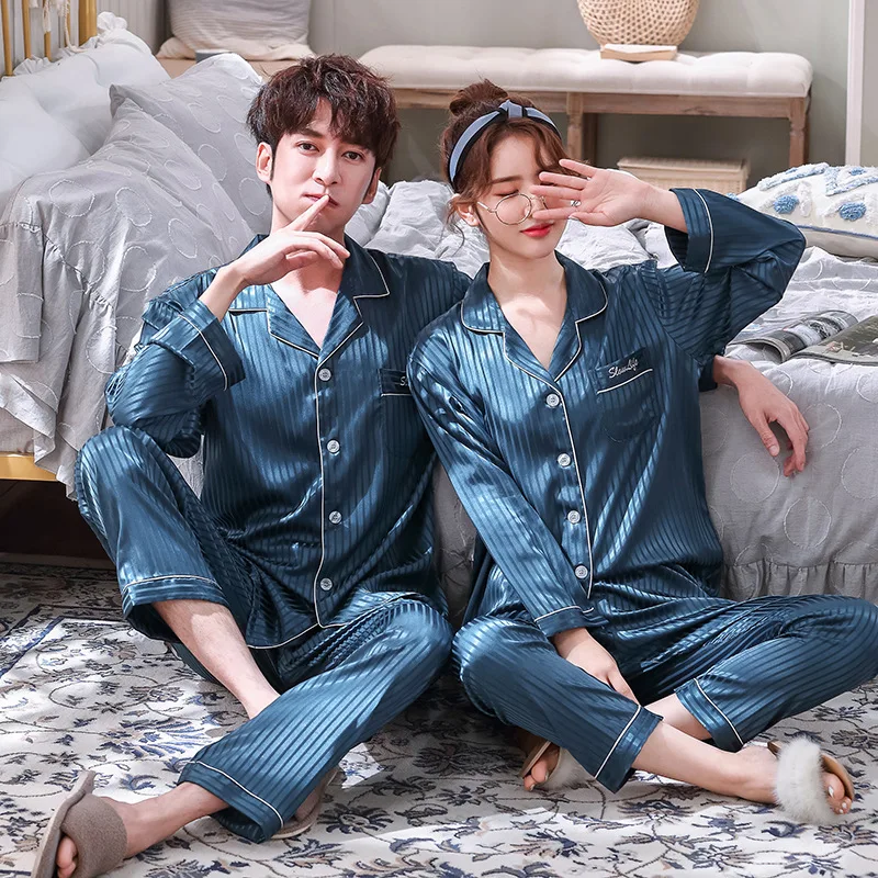 

Couple Pajama Sets Silk Satin Striped Sleepwear His-and-her Home Suit Pyjama For Lover Man Woman Lovers' Clothes adult onesie