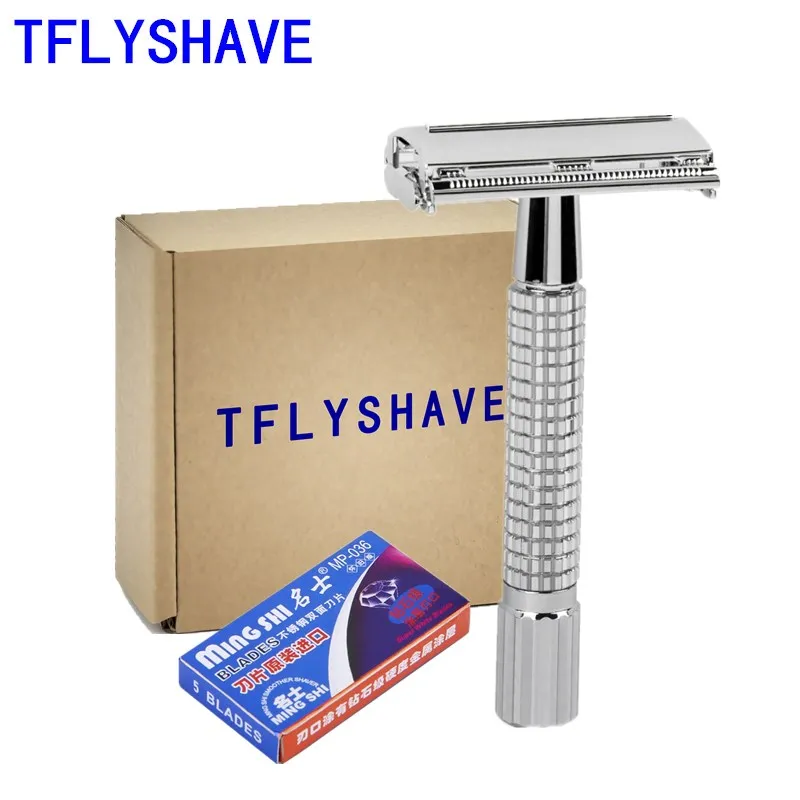 

TFLYSHAVE Men Double shaver Classic Safety Razor with 5 Blades as Gift Silver Plated Epilator Weishi Straight Razor Hair Removal