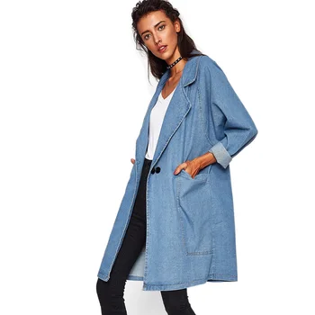 

Lugentolo Women Coat and Jacket Early Autumn New Fashion Large Lapel Big Pocket Medium and Long Section Denim Casual Jacket