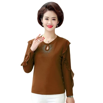 

Ruffles Bottom Shirt For Women Long Sleeves Tops 2020 Spring Fall Plus Size Middle Age Mother T-Shirts O-Neck Femme Tee Shirt