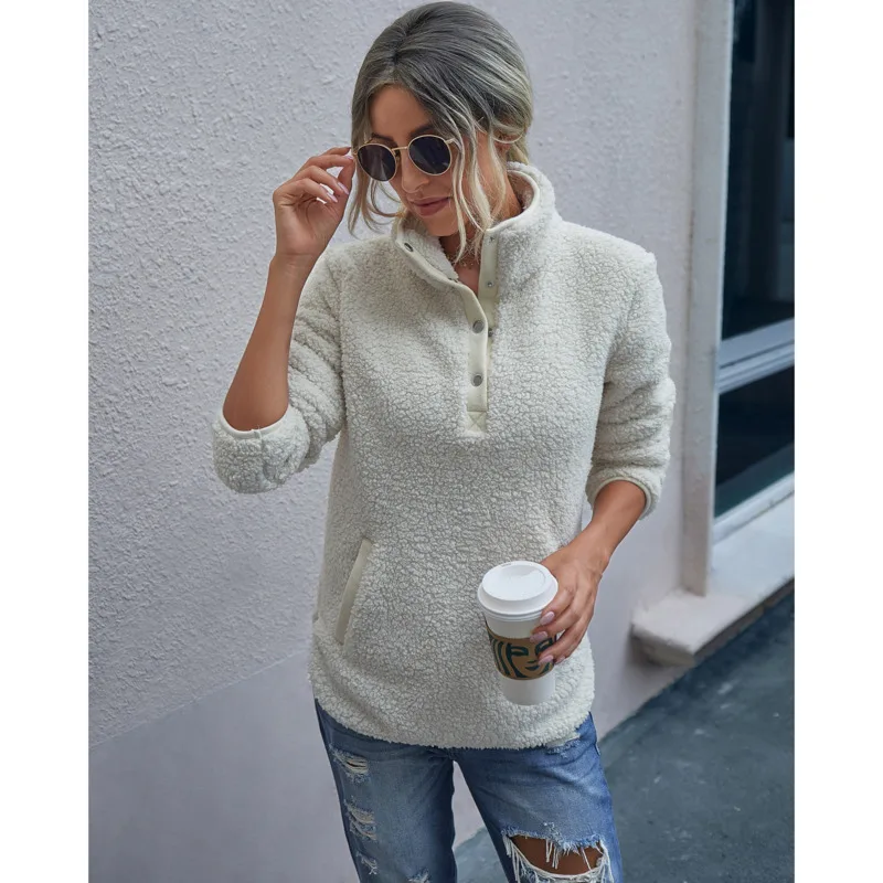 

Autumn / Winter 2020 Women's Fashion Solid Color Stand Collar Plush Pullover Sweatshirt Women Comfortable Warm Pullover Wm*