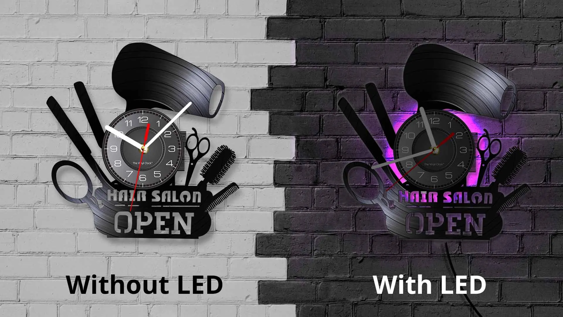 Hair Salon Open Modern Vinyl Record Wall Clock Hairdressing Tools Laser Cut Longplay Wall Watch GIfts For Hair Stylists & Shops