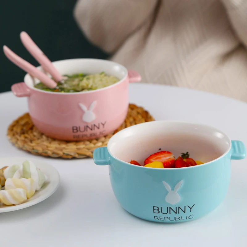 OUSSIRRO мультяшный кролик креативная миска для лапши с крышкой керамическая чаша Милая Студенческая чаша для супа