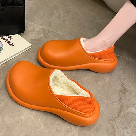 Winter Leather Waterproof Slippers Warm Men Shoes Women Couples Non-Slip Plush Cotton Indoor Outdoor Cozy Home Autumn Flats