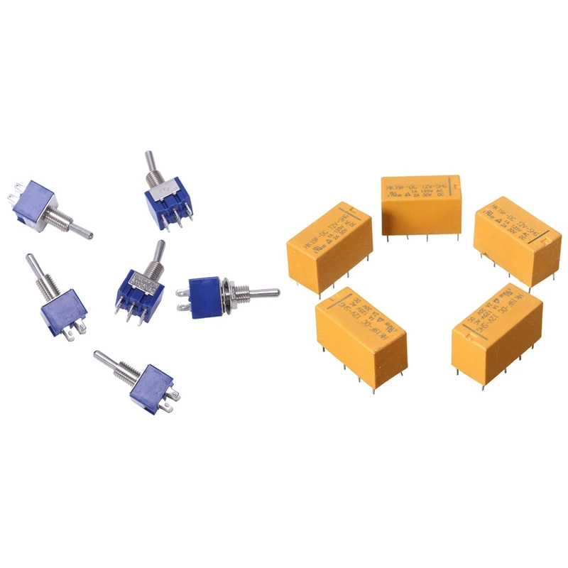 

5 Pcs DC12V SHG Coil DPDT 8 Pin 2NO 2NC Mini Power Relays & 6 Pcs On-Off-On 3-Way Mini Toggle Switch 6 Pin 6A 125VAC