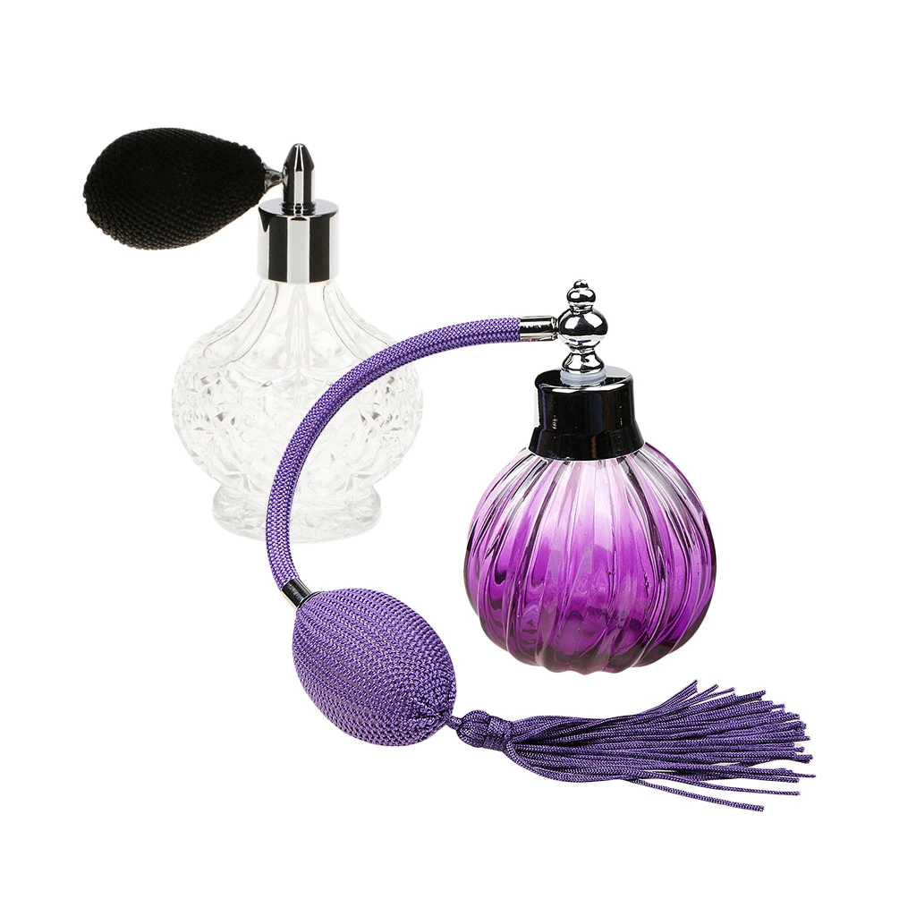 2pcs 100ml/80ml Vintage Refillable Empty Glass Perfume Bottle with Long Atomizer Spray Decor for Home Bathroom Hotel