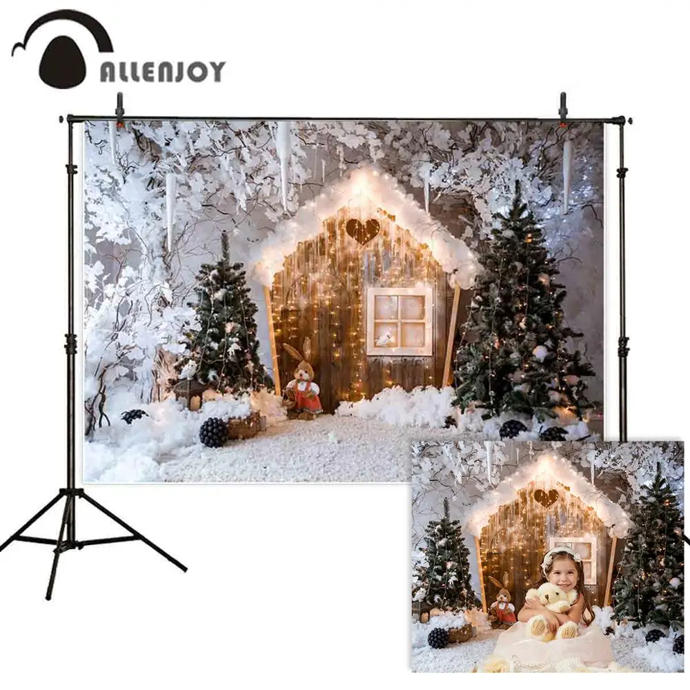 Фон для фотосъемки Allenjoy с изображением кролика зимнего снега деревянного дома