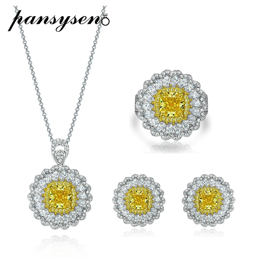 

PANSYSEN Luxury 925 Sterling Silver Flower Created Moissanite Citrine Gemstone Big Stud Earrings Ring Necklace Fine Jewelry Sets