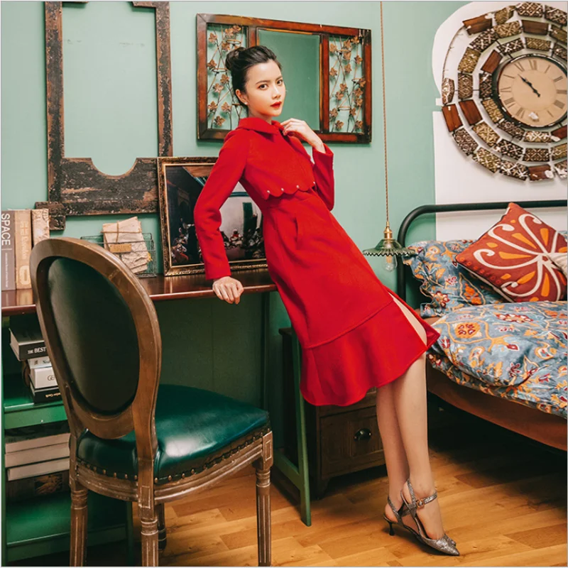 Winter Red Woolen Coat Vintage Chinese Style Slim Doll collar Women Wool Overcoat New Rivet Stitching False Two Piece Outerwear