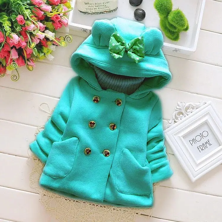 Best Girls casual thick woolen coats Children's hooded shirt bow pocket double-breasted outerwear Baby k