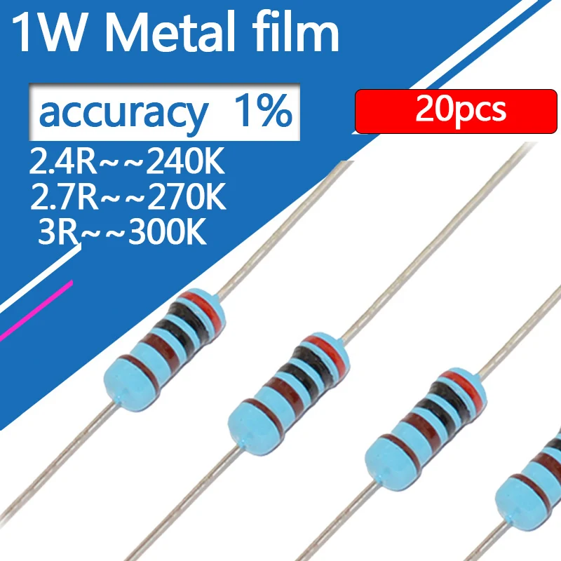 

20pcs 1W Metal Film Resistor 2.4 2.7 3 24 27 30 240 270 300 R K Ohm 0.27ohm 1% Five-color Ring Resistance 2R4 2R7 3R 2.4K 2.7K