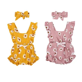 

FOCUSNORM 0-24M Newly Infant Baby Girls Rompers Headband Sunflowers Print Ruffles Sleeve Jumpsuits 2pcs
