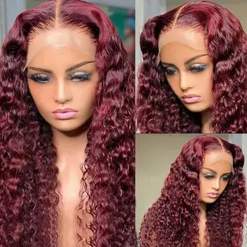 13X4 Deep Wave Forntal Wig 30 32 34 Inch Burgundy Lace Front Wig Colored Red Curly