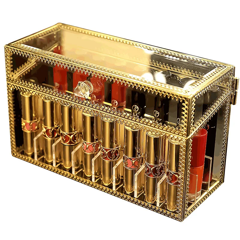 Chic Acrylic Glass Makeup Organizer Storage Lipstick Nail Polish Case Holder Display Rack Golden 24 Grids Container 6