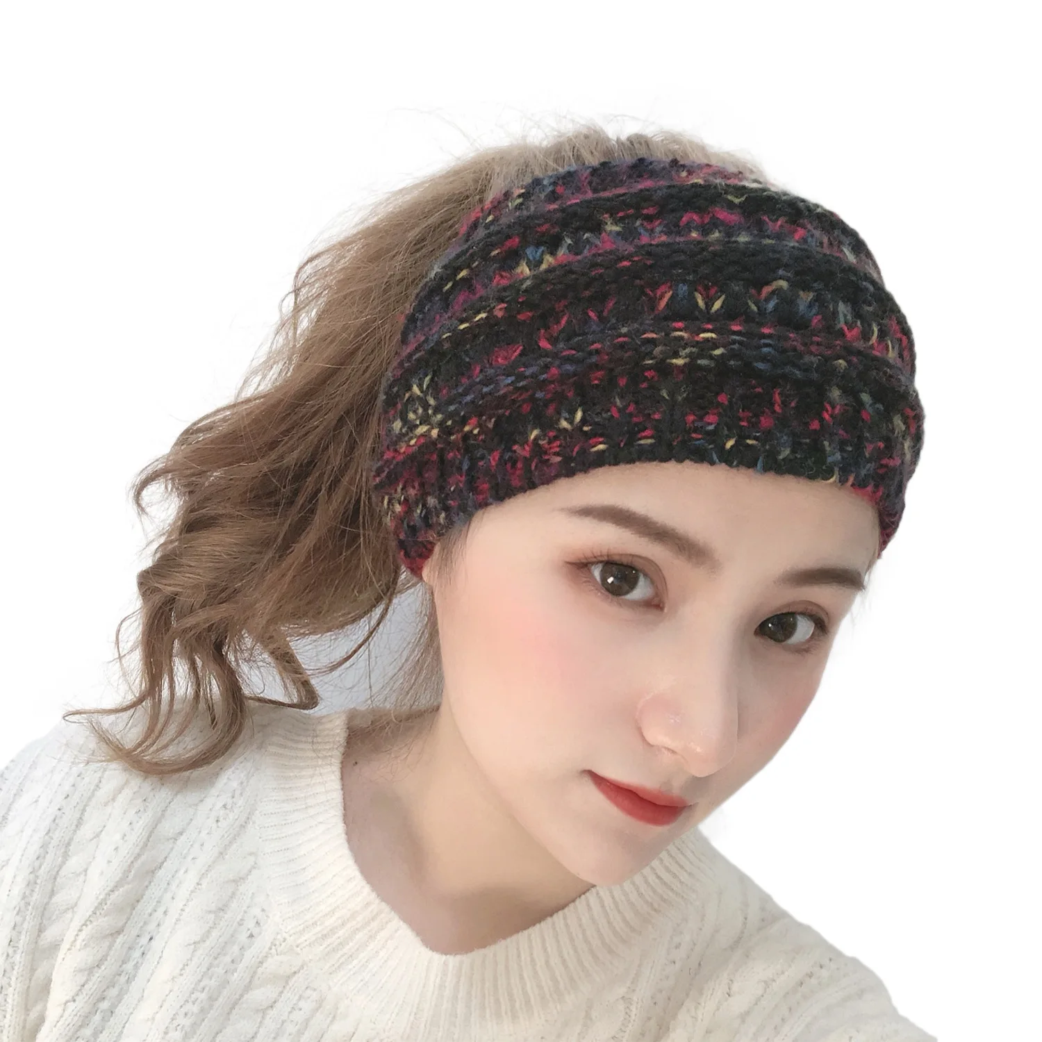 Уличный стиль осень зима Модная вязаная пряжа цветная вязаная шапка с отверстием для хвоста лента для волос шерстяная теплая шапка