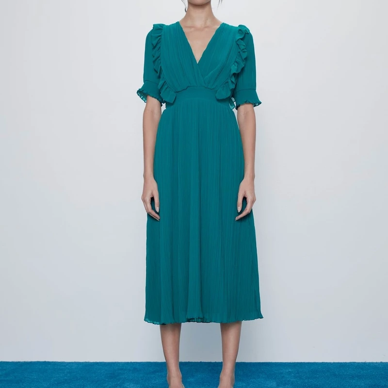Summer Dress Women 2020 New Fashion V Neck Short Sleeve Pleated Mid Calf Modern Lady Chiffon