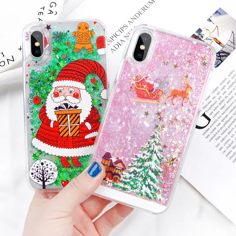 Динамический песок Рождество Жесткий Чехол для iPhone XS X 8 7 Plus 6s 5 5S SE милый Санта Клаус палевый узор Капа подарки