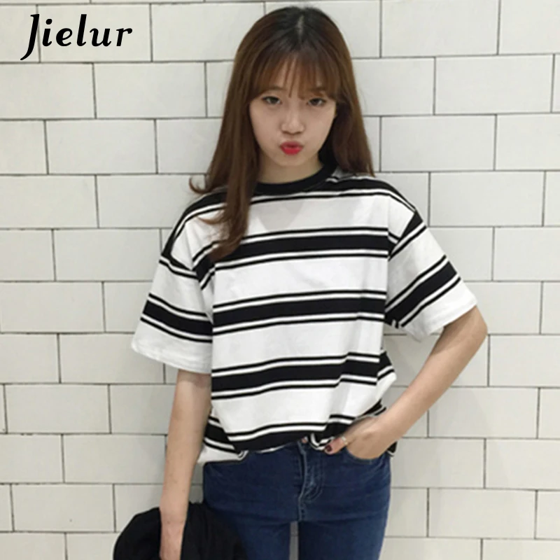 Jielur 2019 летняя одежда для женщин Harajuku BF черно-белые полосатые футболки свободные