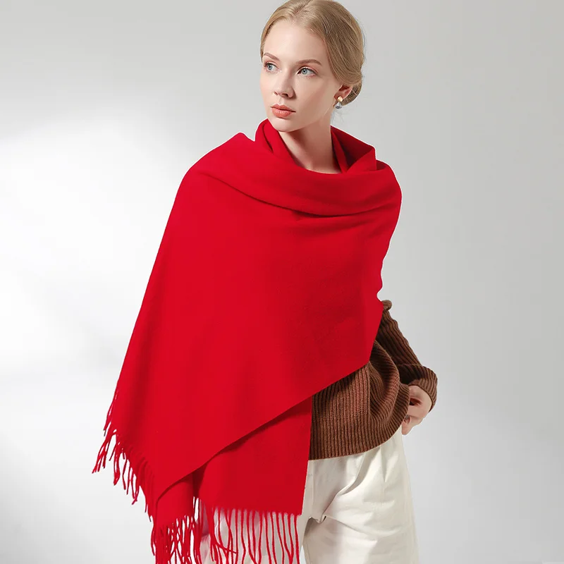 Натуральный шерстяной шарф для женщин, теплые шали и палантины для женщин, женский однотонный шарф, зимние кашемировые шерстяные шарфы, роскошные пашмины - Цвет: Red