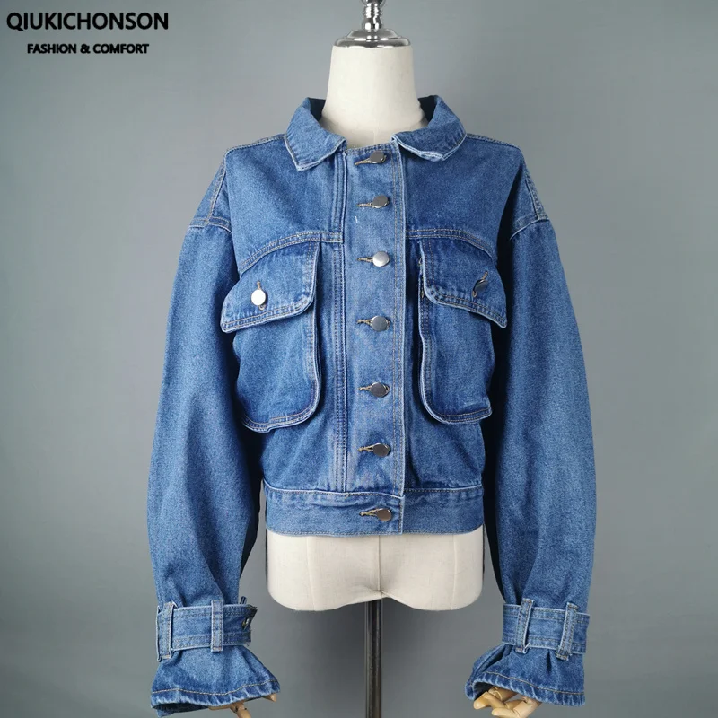 

High Waist Design Vintage Cropped Denim Jacket Women Coat Boyfriend Outerwear Double Solid Pockets Design jeans jacket women