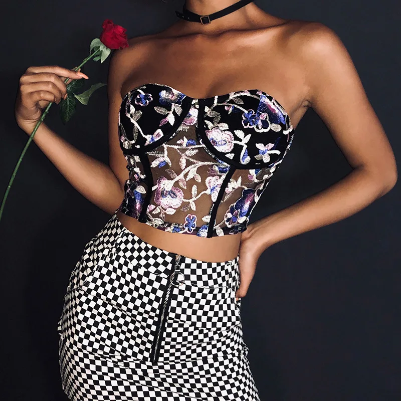 

Sexy Tube Tops Women Embroidery Flowers Strapless Mesh Transparent Lace Tank Top Bralette Crop Top Strapless Perspective