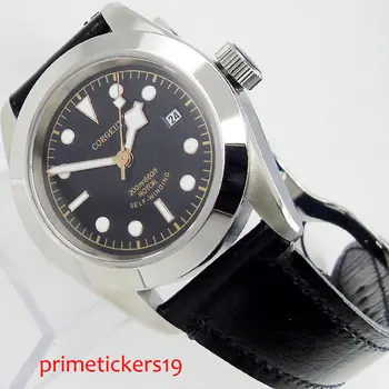 

Automatic 41mm black dial CORGEUT date window leather strap sapphire crystal deployment clasp men watch 106