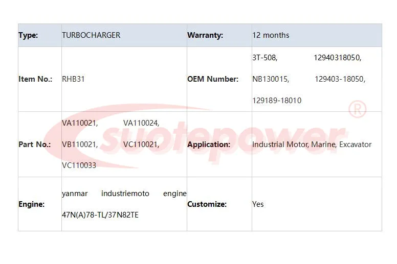 Suotepower Турбокомпрессор RHB31 VA110021, VA110024, VB110021, VC110021, VC110033 12940318050 для промышленного двигателя, морской, Exca