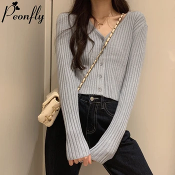 

PEONFLY Korean Style Women's Cardigan Fashion 2020 Spring Sweater Female Single Breasted Short Sweater V Neck Women Knitted Coat