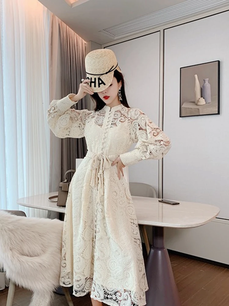 Comelsexy Модное Новое Осеннее корейское женское платье со стоячим воротником и рукавами-фонариками, с высокой талией, облегающее Бандажное платье миди для женщин