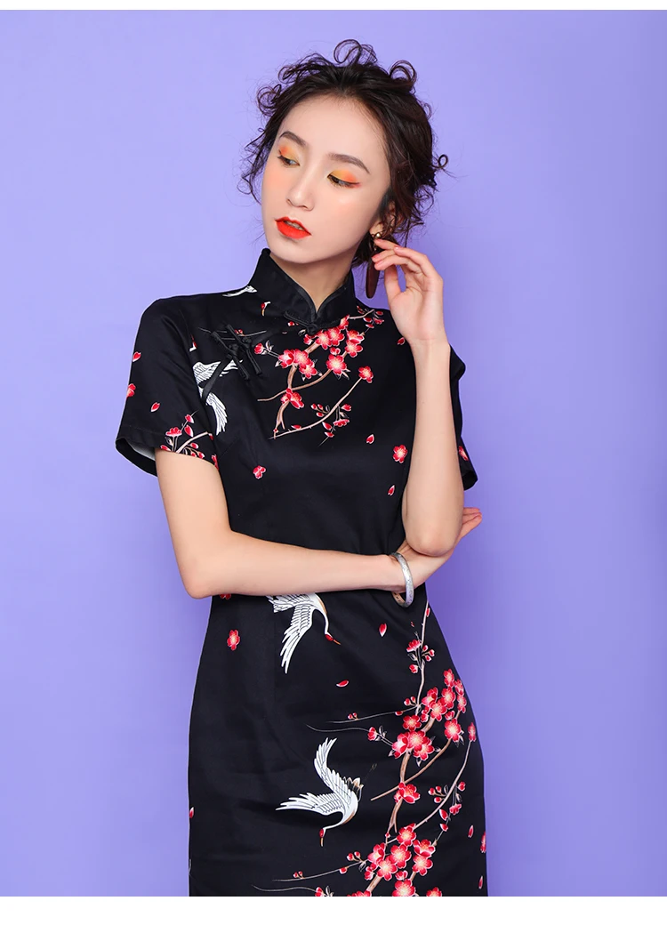 SWEETXUE китайское платье женский шелковый атлас Cheongsam цветочный принт Китайский традиционный Qipao платье воротник стойка раздельное мини-платье