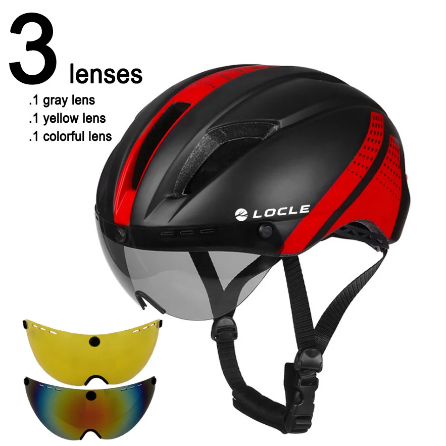 Black Red 3 Lenses Шлем для велоспорта LOCLE интегрально-Литые очки велосипедный шлем дорожный горный MTB велосипедный шлем 54-62 см - Цвет: Black Red 3 Lenses
